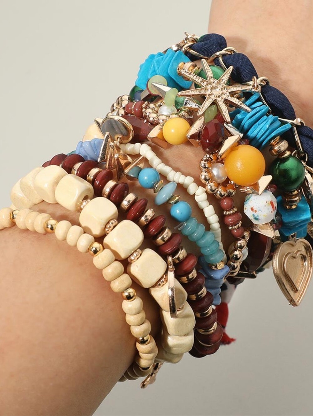 Ten PCS - Boho Charm Stretch Bracelet Heart Fish Star Wooden Pearl Beads